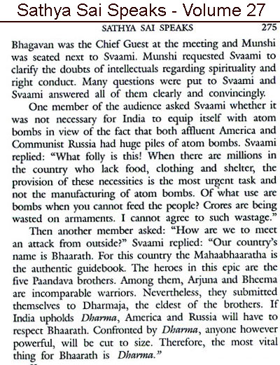 Sathya Sai on whether India should hasver nuclear weapons