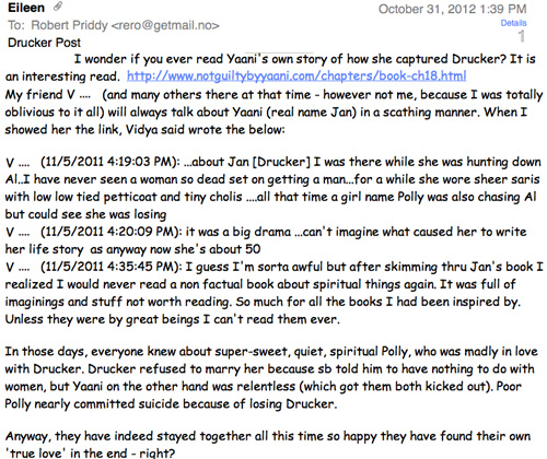 Mail about Jan (Jaani) Drucker by fellow devotees